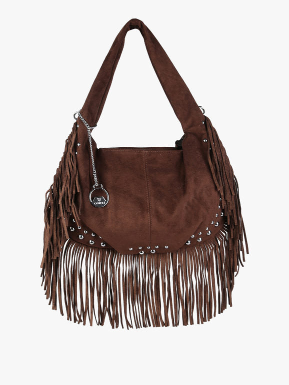 Borsa a spalla con frange e borchie You Young Coveri — Moro - immagine 1