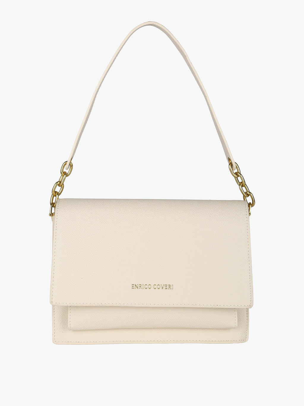 Borsa rigida in ecopelle con patta Enrico Coveri — Beige