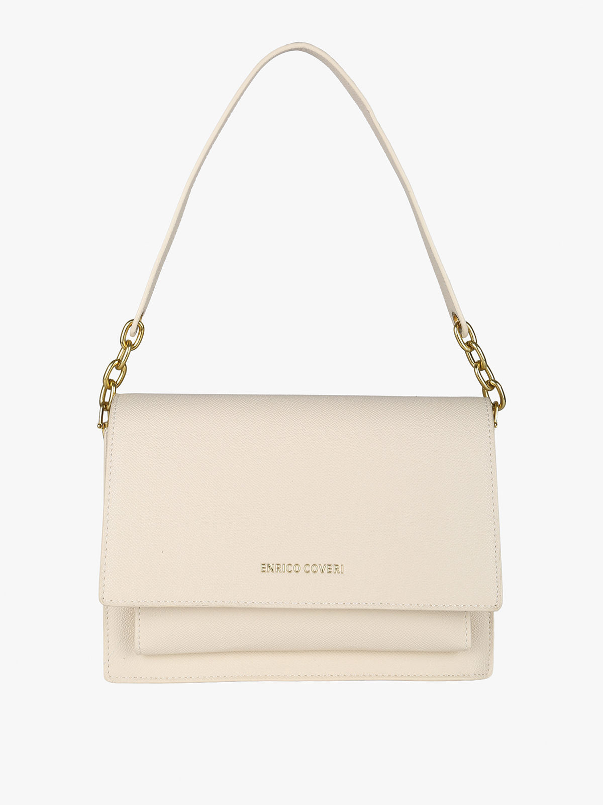 Borsa rigida in ecopelle con patta Enrico Coveri — Beige