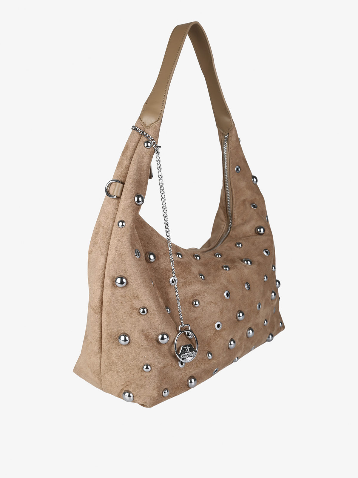 Borsa hobo in tessuto scamosciato con borchie You Young Coveri — Khaki