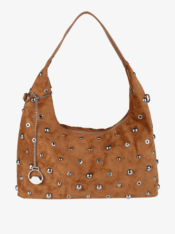 Borsa hobo in tessuto scamosciato con borchie You Young Coveri — Marrone - immagine 1