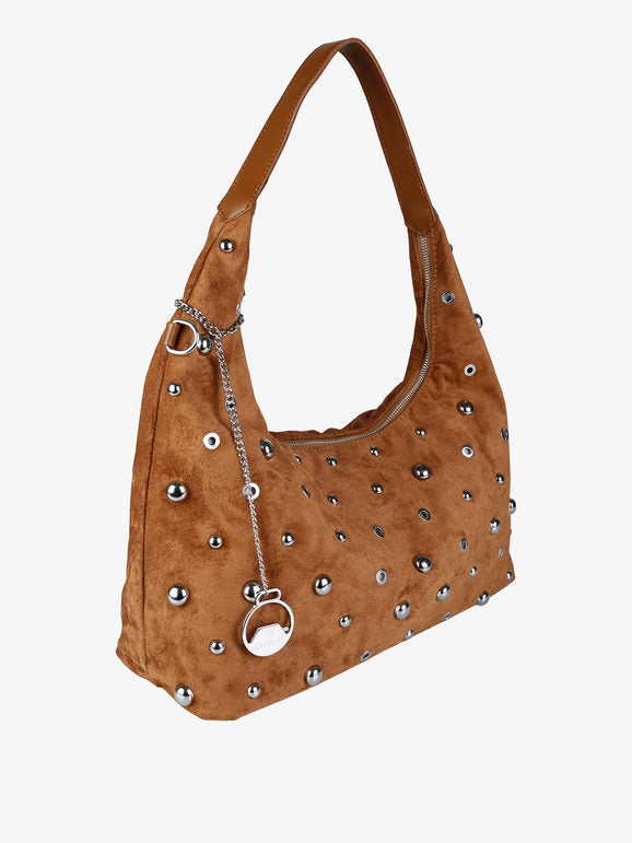 Borsa hobo in tessuto scamosciato con borchie You Young Coveri — Marrone - immagine 2