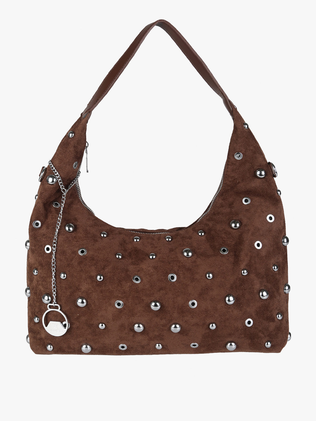 Borsa hobo in tessuto scamosciato con borchie You Young Coveri — Moro