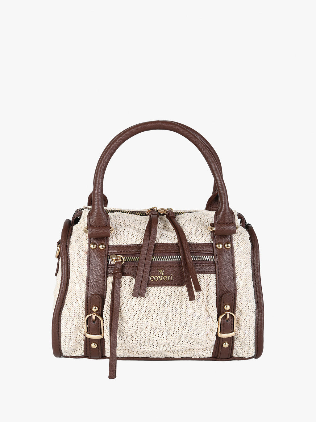 Borsa mini in maglia intrecciata con doppi manici e dettagli in ecopelle You Young Coveri — Beige