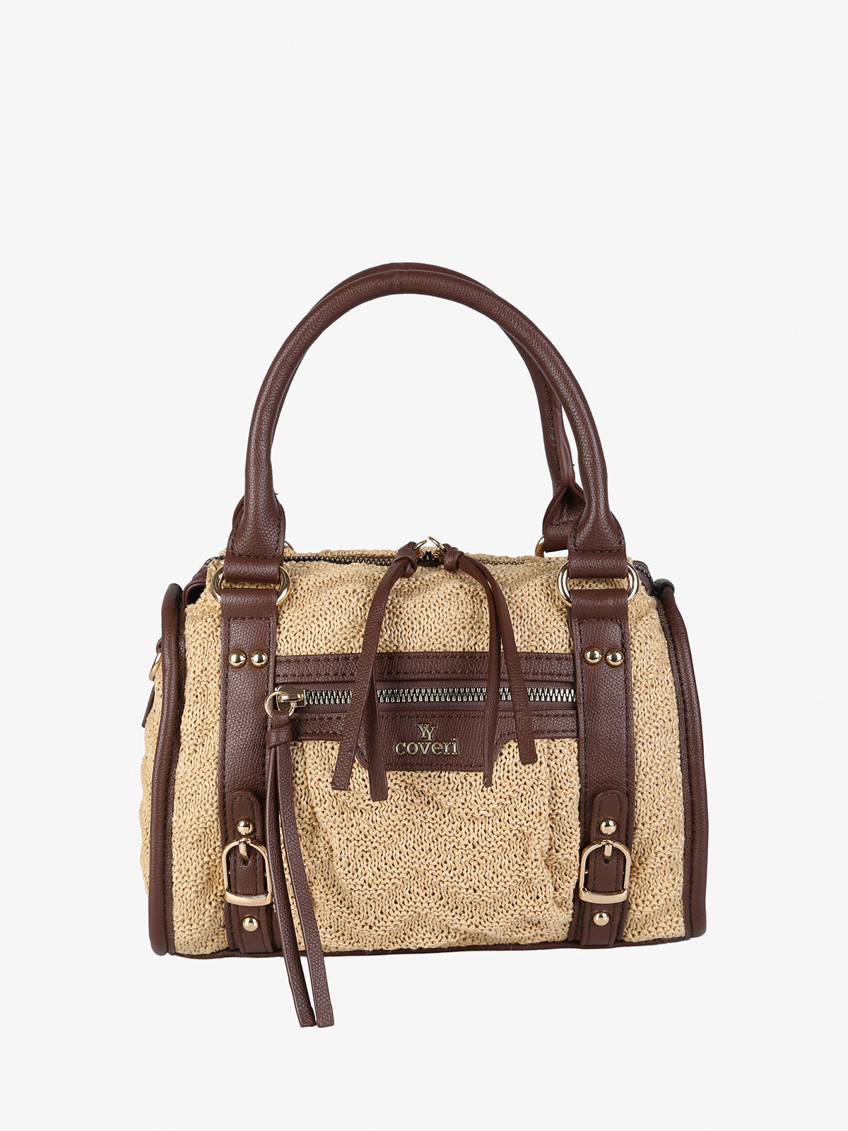 Borsa mini in maglia intrecciata con doppi manici e dettagli in ecopelle You Young Coveri — Khaki