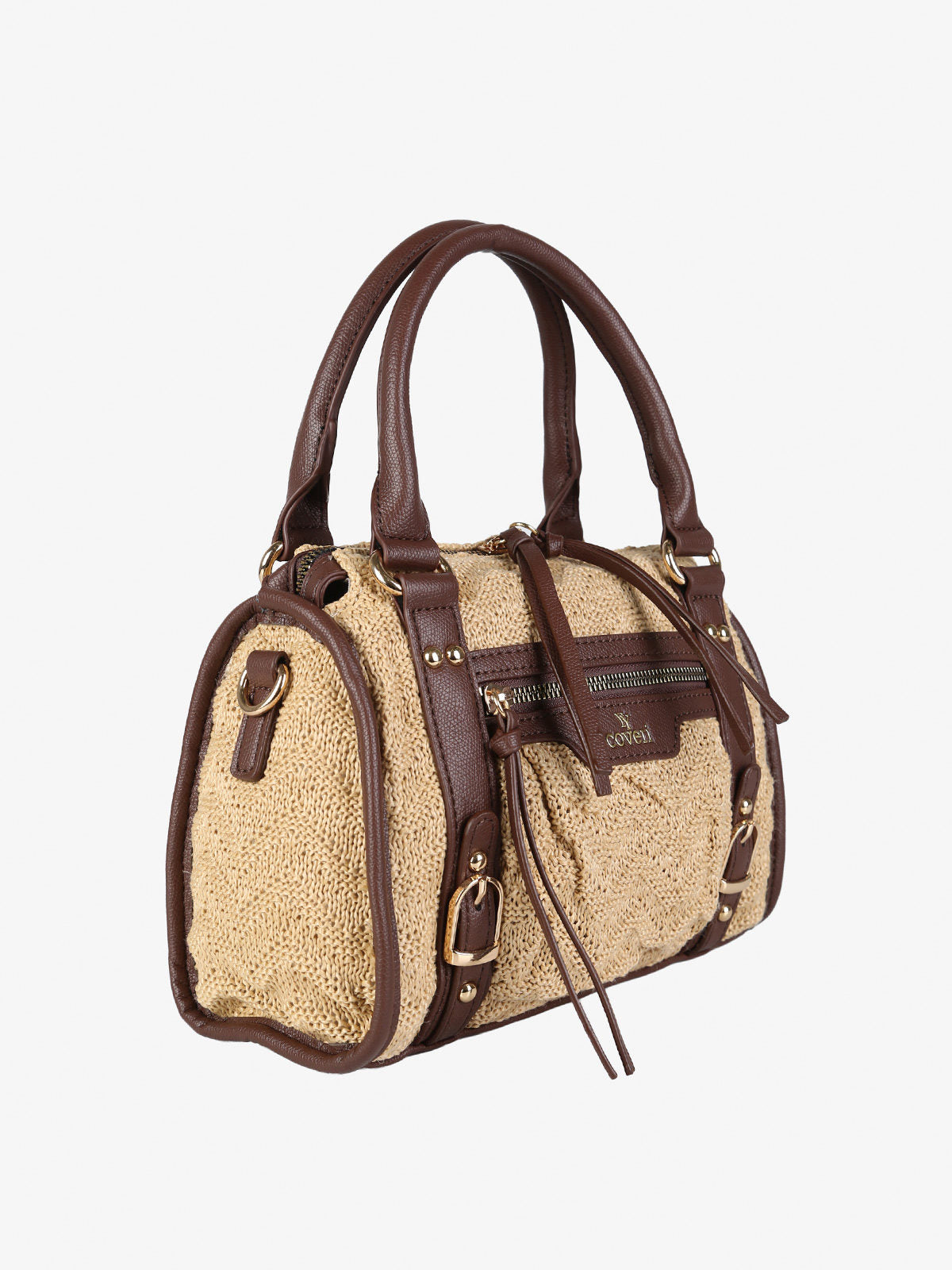 Borsa mini in maglia intrecciata con doppi manici e dettagli in ecopelle You Young Coveri — Khaki