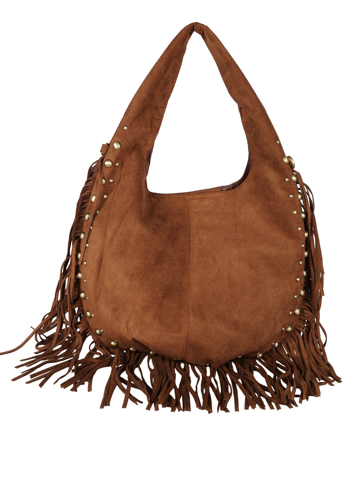 Borsa scamosciata con nappine e borchie Solada — Marrone