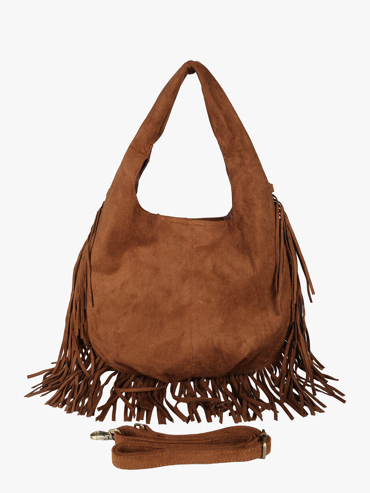 Borsa scamosciata con nappine e borchie Solada — Marrone