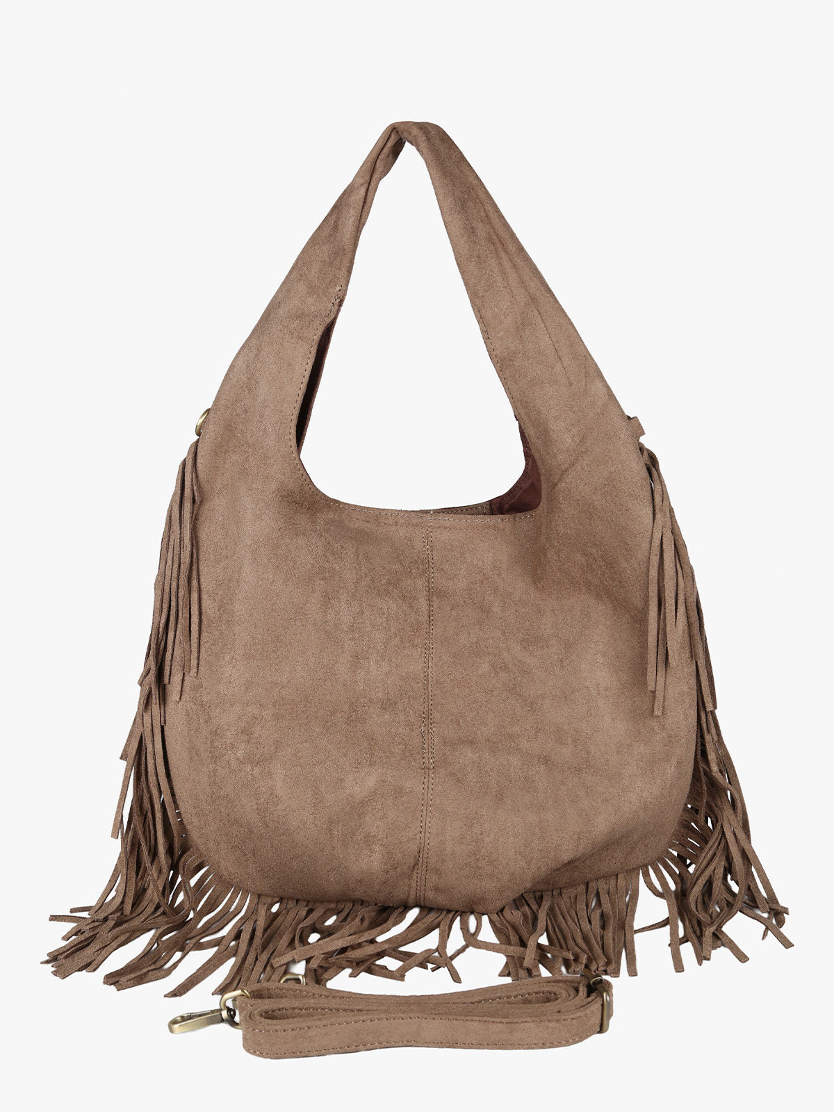 Borsa scamosciata con nappine e borchie Solada — Taupe