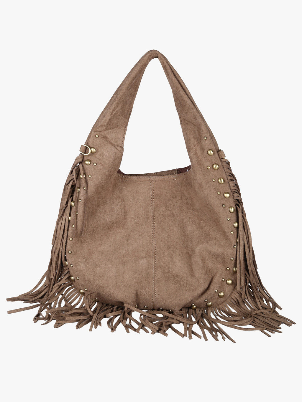 Borsa scamosciata con nappine e borchie Solada — Taupe