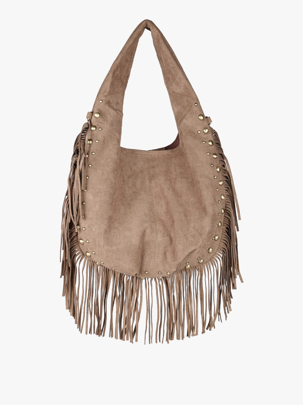 Borsa scamosciata con nappine e borchie Solada — Taupe