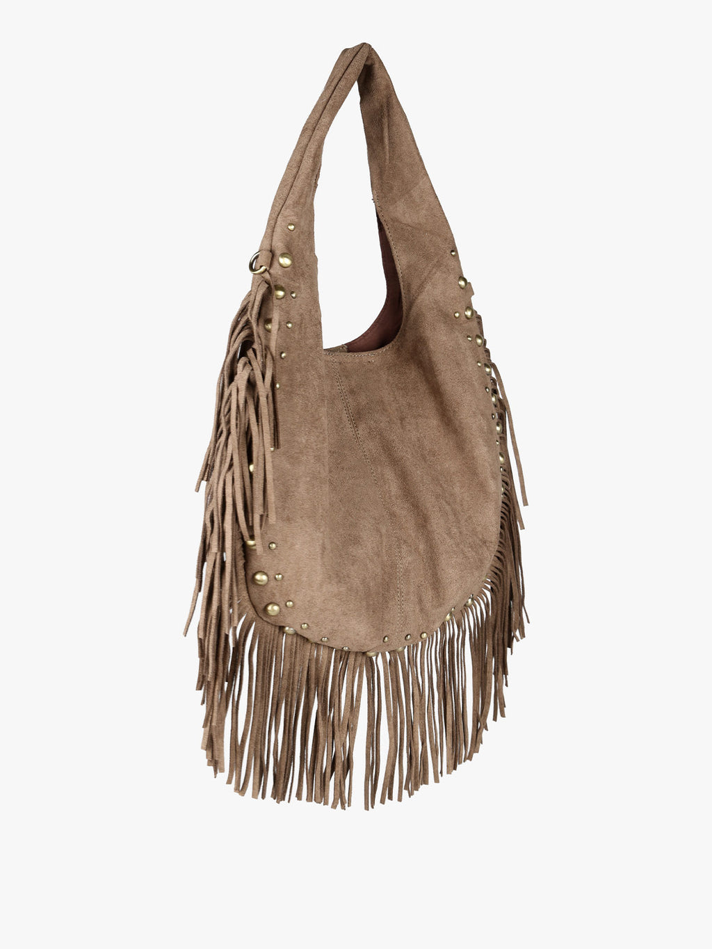 Borsa scamosciata con nappine e borchie Solada — Taupe