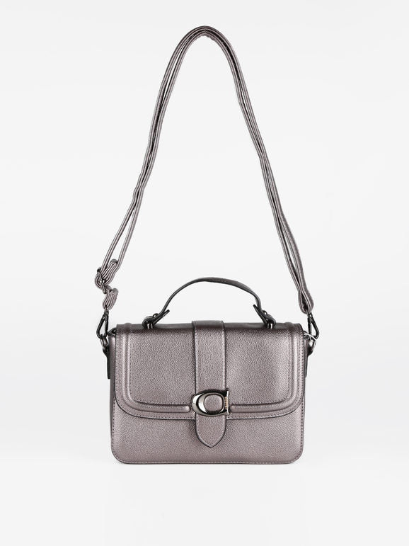 Borsa da sera StockBorse grigio metallizzato, vista tre quarti con tracolla